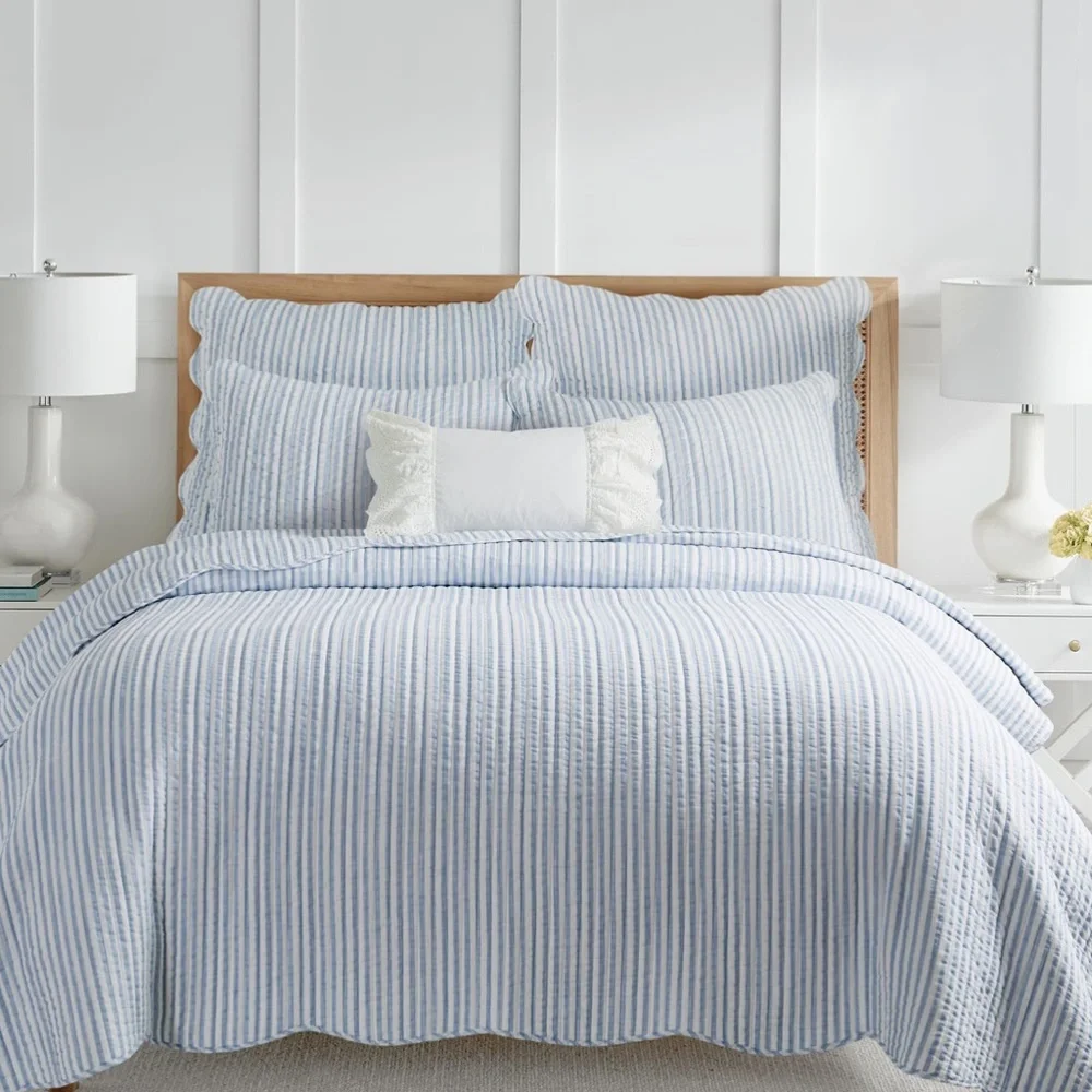 🆕 PB Style Blue & White Striped Cotton Quilt Coverlet Scalloped Trim Set NWT
